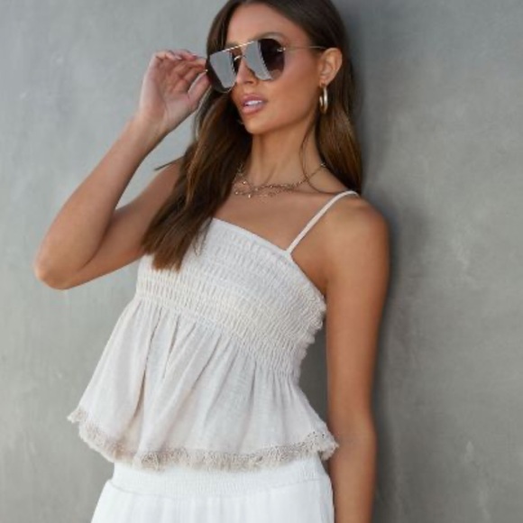 VICI COLLECTION 🌺 Haley Cotton Smocked Frayed Hem Babydoll Flowy Top Beige - Picture 1 of 8